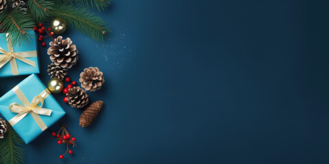 Christmas and new year background - gift boxes, pine cones and branches on blue background with copy space