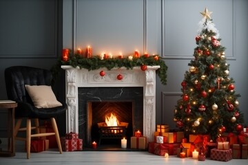 Interior of living room with fireplace, presents and Christmas tree. generative ai.