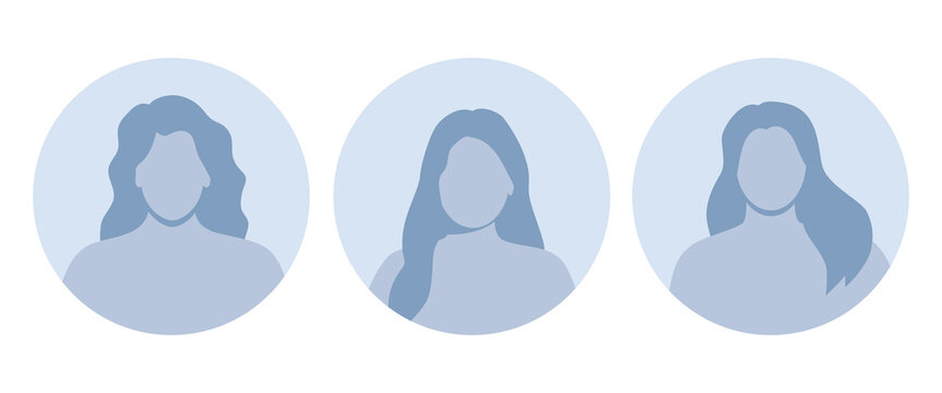 Woman empty avatars set. Default photo placeholder for social networks, resumes, forums and dating sites. Male and female no photo images for unfilled user profile. Vector illustration.