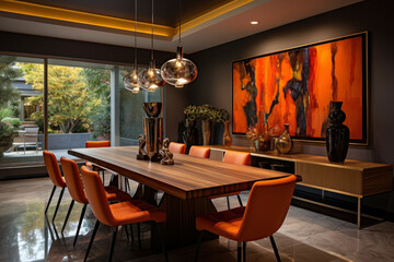 Refined Elegance: An Elegant, Minimalist Dining Room with Sleek Furniture, Warm Lighting, and Chic Decor in Rust Orange and Brown Colors.