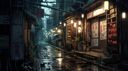 Rain-soaked alleyway; anime cat waiting under a lantern, surrounded by manga comic strips, lo-fi melodies echoing.  AI generative