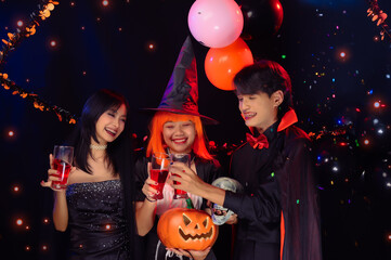 Asian Teenagers in Halloween Costumes, Celebrate The Enchanting Halloween Season. Celebrating Halloween Haunt Party of Asian Style, Fusion of Tradition and Frightful Delights, A Night of Culture.