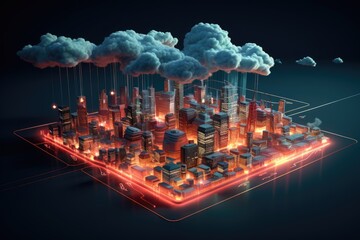 Futuristic lights of the city and cloud networking background.