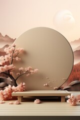 Minimalist beige autumn poster for product showcase. Beige podium with fantasy landscape