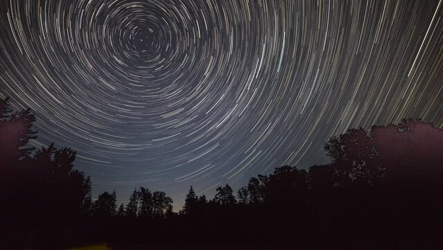 Night time lapse with star trails over forest. North Star surroundings. 