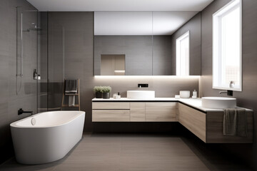 Fototapeta na wymiar A Serene and Sleek Scandinavian Bathroom with Minimalist Fixtures, Monochromatic Color Scheme, and Bright Lighting for a Clean and Contemporary Interior.