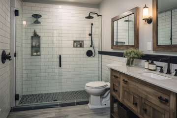 An elegantly modern farmhouse bathroom featuring subway tile, rustic wood accents, cozy lighting, and functional storage for a contemporary and minimalist interior renovation. - obrazy, fototapety, plakaty