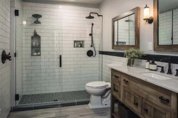 Deurstickers An elegantly modern farmhouse bathroom featuring subway tile, rustic wood accents, cozy lighting, and functional storage for a contemporary and minimalist interior renovation. © aicandy
