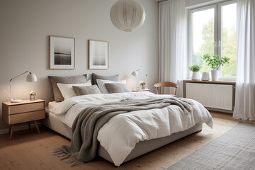 A serene and spacious Scandinavian minimalist bedroom, exuding elegance with calming accents, featuring clean and functional white furniture, natural wood tones, and uncluttered decor.