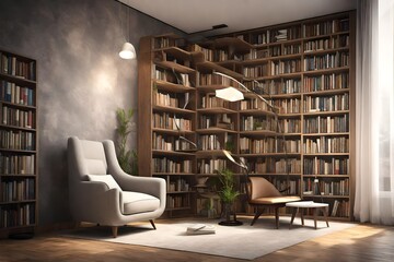 3D Reading Nook Elegance: A Cozy Armchair and Bookcase in Modern Interior Design