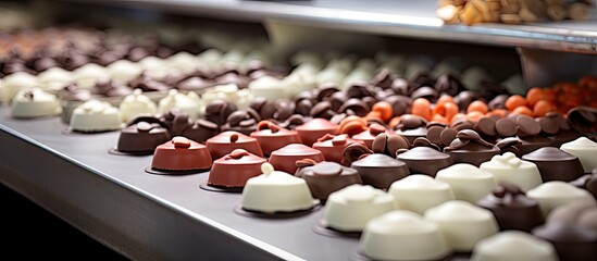 Conveyor in a chocolate factory with machine made chocolate toppings © AkuAku