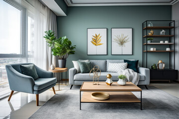 A Refreshing and Serene Living Room Oasis in Gray and Mint Green, Harmoniously Blending Cozy Accents, Stylish Furnishings, and Modern Minimalist Design for a Spacious and Inviting Home.