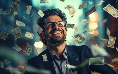 Happy successful man standing under money rain. A lot of dollar banknotes falling on smiling man. Success and wealth concept.. Generative AI - obrazy, fototapety, plakaty