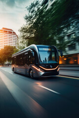 EV bus on a city street with blur motion effect. Generative AI