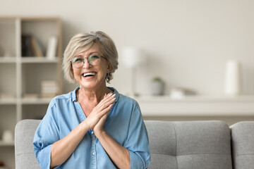 Cheerful pretty older woman in elegant glasses sitting on cozy home couch, smiling with perfect...