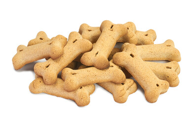 Dry dog food in the form of bones on a white background. Top view.