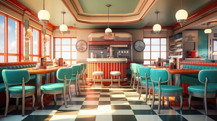 Retro cafe interior. Design in the style of the 40s - 50s. Pastel mint, orange and pink shades. - obrazy, fototapety, plakaty