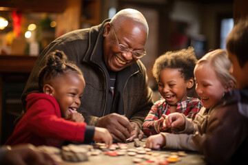 Heartwarming scene of grandparents surrounded by their grandchildren, sharing smiles, stories, and the bonds of a close-knit family - obrazy, fototapety, plakaty