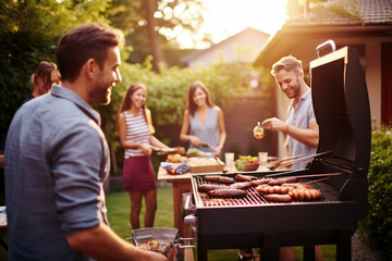 Friends gather around a sizzling barbecue, sharing stories and laughter on a sunny day