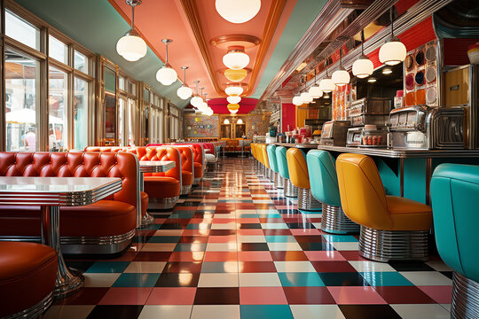 Colorful retro american diner interior design, bar, cafe