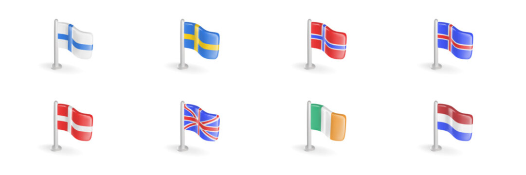 3D flag of Finland, Sweden, Norway, Iceland, Denmark, Great Britain, England, Ireland, Netherlands. Realistic vector icon set Northern Europe