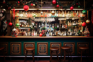 Cozy retro bar decorated for Christmas