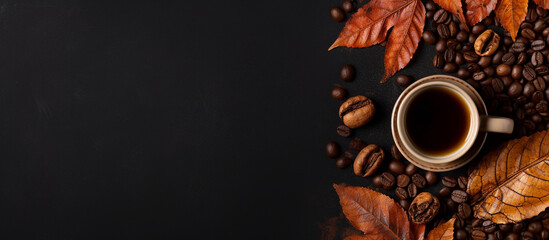 A cup of aromatic espresso or Americano coffee on a dark background. Banner. Generative AI