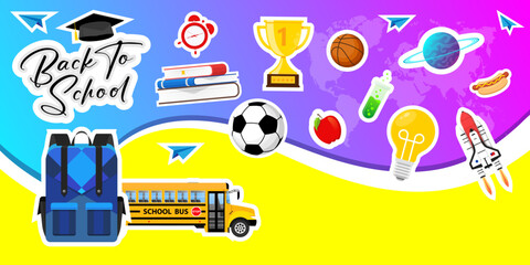 Back to school banner Colorful back to school templates for invitation, poster, banner, promotion,sale School supplies cartoon illustration. Vector back to school design templates