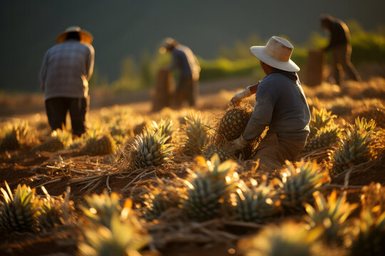 Pineapple fields during harvest season, with workers carefully handpicking ripe pineapples under the sun