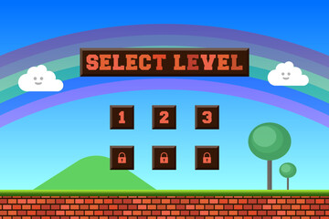 Arcade adventure game level select screen with grass terrain, sky, clouds, buttons with numbers, locks and select level bar vector