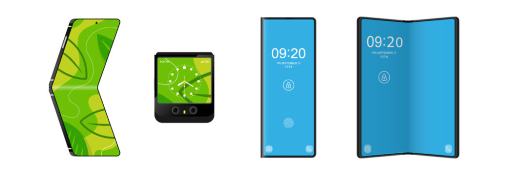 Set of Fold and Flip smartphones concept bendable screen Flexible smartphone folds in middle of screen like a flip phone vector illustration