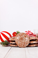Traditional German round glazed gingerbread Christmas cookie called 'Lebkuchen' with negative space