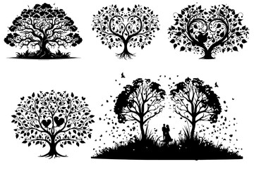 Love Tree Vector black Silhouette Illustration,