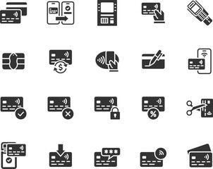 Vector set of credit card flat icons. Contains icons money transfer, card replenishment, chip, ATM, payment, cash back and more. Pixel perfect.