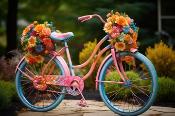 Vintage bicycle decorated with beautiful flowers in the garden, Colorful background, spring time, beautiful journey, retro bicycle decorated with colorful flowers