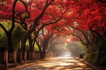 Autumn road with red trees in a park, shot in China, japan, peaceful fall scenery, flamboyant trees at roadside, urban walkway, sunlight, red flower trees, maple trees - obrazy, fototapety, plakaty