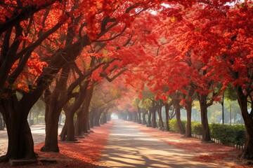 Beautiful red tree alley in the park in autumn, wonderland, peaceful pathway, maple trees, red flower trees landscape, krishnochura, royal poinciana or flamboyant trees at park - obrazy, fototapety, plakaty