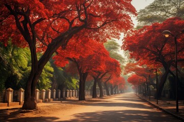 Beautiful red trees in the park with sunlight in the morning, red flamboyant trees, urban roadside flamboyant trees, autumn walkway, landscape, fall forest - obrazy, fototapety, plakaty