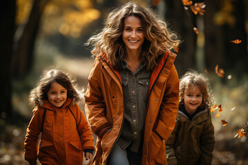 Carefree mother with daughters having fun at autumn park outdoors - obrazy, fototapety, plakaty