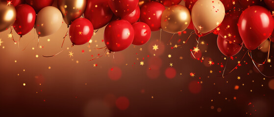 Fototapeta na wymiar Celebration with gold confetti and red gold balloons