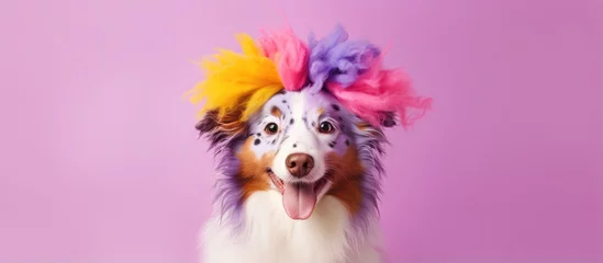 Fotobehang Border collie dog with a playful lilac wig isolated on yellow Amusing puppy in pink wig at a festive event Pet in a muzzle showing emotions Idea of grooming and hairdressing © AkuAku