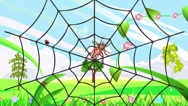 Spider walking on web animation natural landscape trees. grass green hills background
