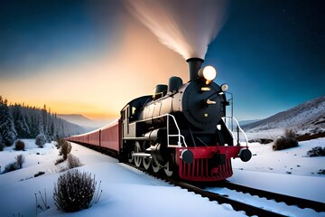 a steam train adorned with Christmas lights and decorations, chugging through a snowy landscape, set against a backdrop of a starry winter night - obrazy, fototapety, plakaty