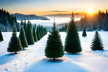 Rollo a charming Christmas tree farm with rows of evergreen trees, ready for decoration, set against a backdrop of a clear, wintry day © Adam