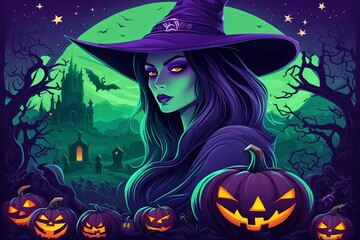 Halloween's Witch with skull and a hat, Full moon Scary Illustration Background. Halloween Background.