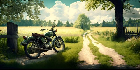 Fototapeta na wymiar Vintage Motorcycle dirt road Summer Meadow in the Background 1950er 50s Natural Lighting Vintage 