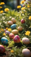 Fototapeta na wymiar Macro picture of painted easter eggs in a beautiful spring nature scene. Generative AI.