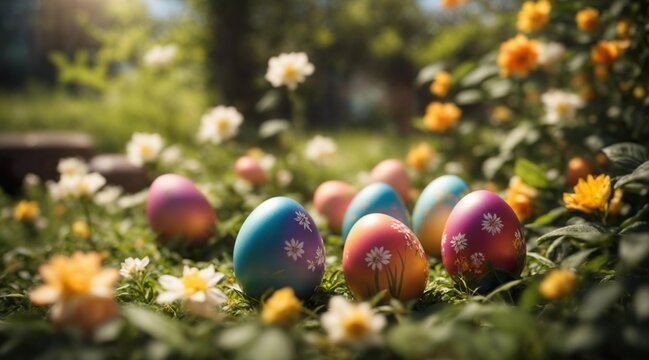 Macro picture of painted easter eggs in a beautiful spring nature scene. Generative AI.