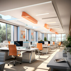 Contemporary Workspace Bliss: Architectural Rendering in Neutral Hues, Modern office interior