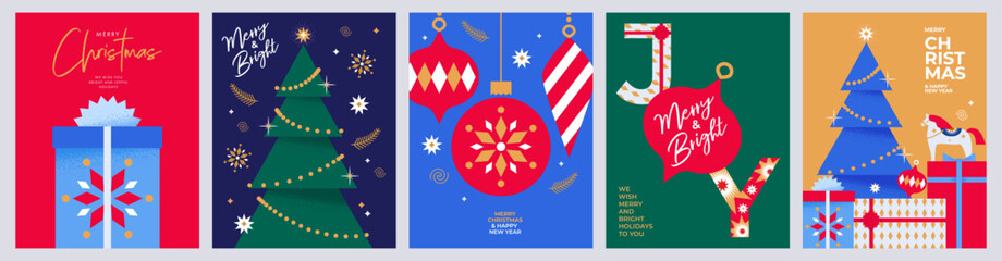 Merry Christmas and Happy New Year greeting card Set. Modern Xmas design with typography and beautiful geometric snowflakes, Christmas tree, balls and gifts. Minimal banner, poster, cover templates. - obrazy, fototapety, plakaty